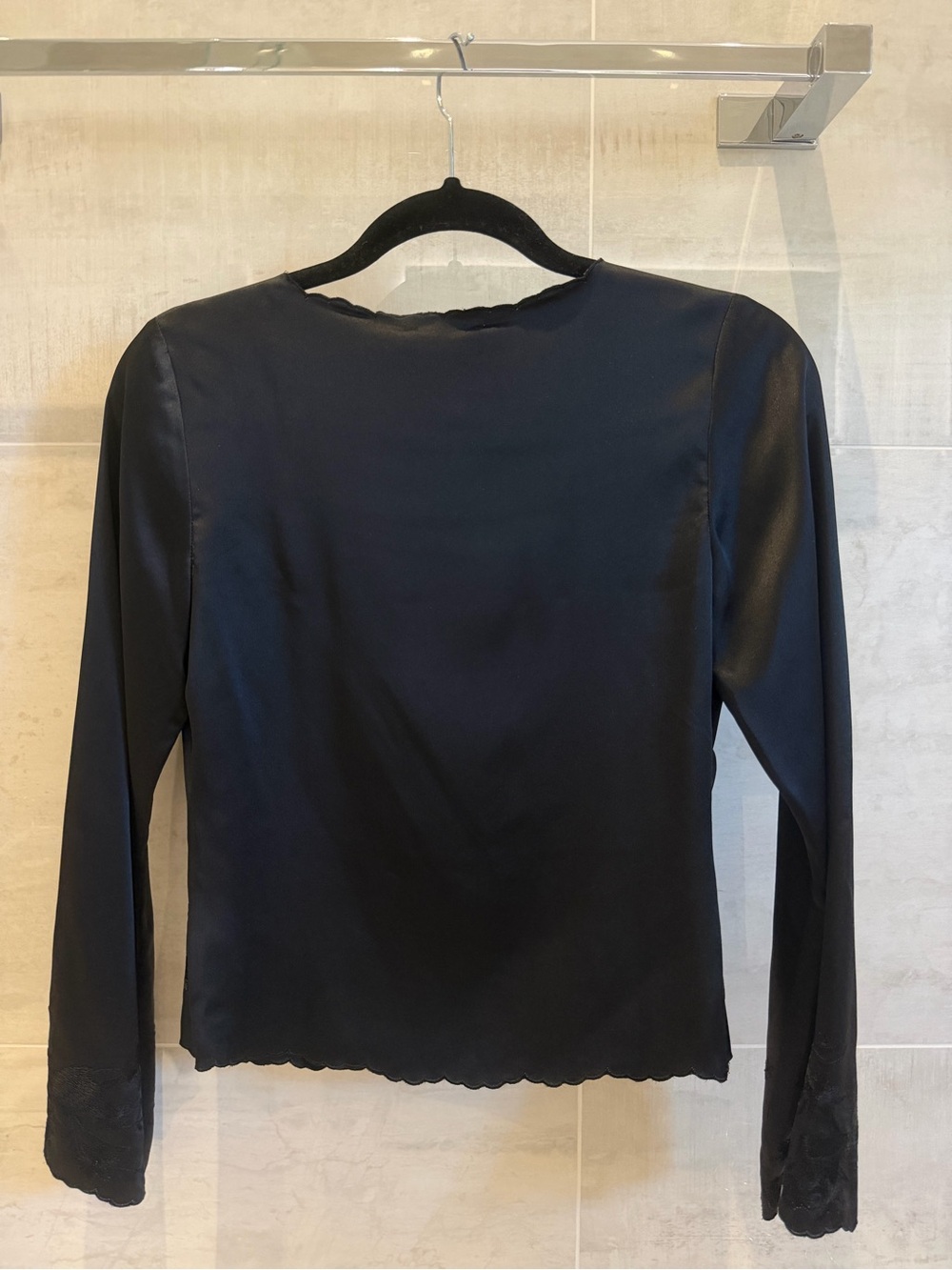 Reformation Black Satin Tie-Front Lace-Trim Top - Picture 4 of 5